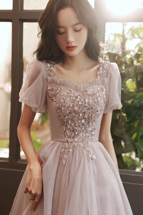 Pink Tulle Short Sleeves Beaded Knee Length Party Dress, Pink Tulle Homecoming Dress